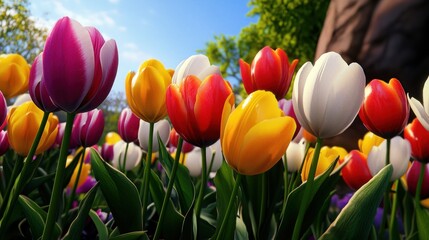 Vibrant tulips bloom in a sunny garden setting.
