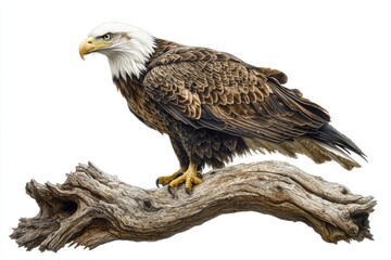 Obraz premium A majestic bald eagle, perched on a weathered branch, showcases its powerful presence and striking plumage.