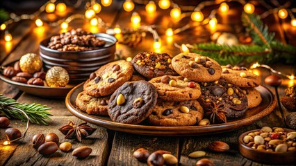Fototapeta premium Gourmet cookie art: Chocolate, nut, and coffee treats, captured in captivating night photography.