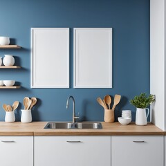Modern Kitchen Interior with Blank Frames and Wooden Utensils