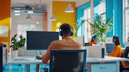 Vibrant customer service team engaged in collaborative work modern office space professional environment bright colors focused viewpoint elevating customer experience
