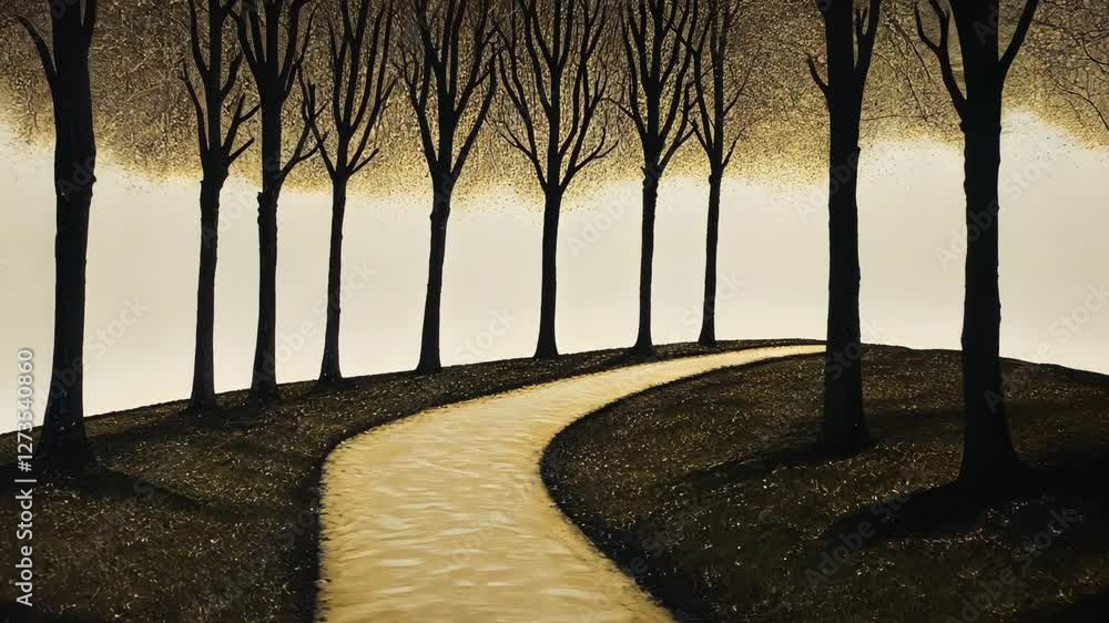 Poster path winding through trees under soft light in an artistic landscape