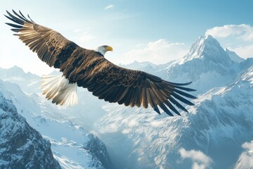 Fototapeta premium A majestic bald eagle soars gracefully above a breathtaking snow-capped mountain range.