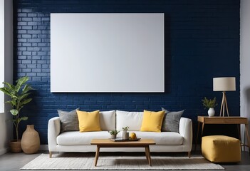Modern Living Room Interior with Blank Canvas and Yellow Accents