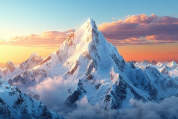 Majestic snow-capped mountain peak at sunset, clouds below, serene landscape.