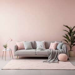 Modern Living Room Interior with Blush Pink Walls and Grey Sofa