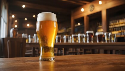 Cold Beer on Wooden Bar Table in Pub