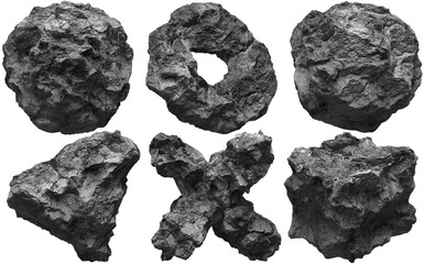 The space stones isolated on transparent background. 3d rendered abstract rough shapes with grey color surface.
