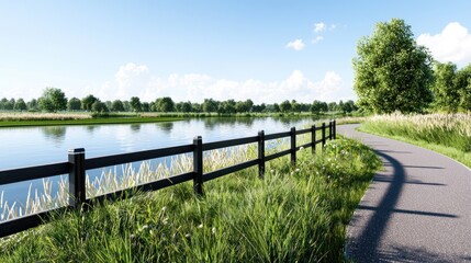 Serene lakeside path with lush greenery and a tranquil water view.