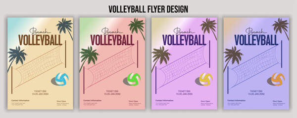 Beach volleyball tournament is a sports competition. Volleyball brochure flyer template. Sport club flyers vector.