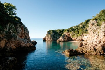 Scenic view of crystal clear water at a rocky beach cove in sunny coast