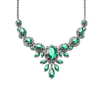 Silver necklace with green diamonds isolated on transparent background. Silver necklace with emerald, topaz, sapphir png. Jewelry and gemstones