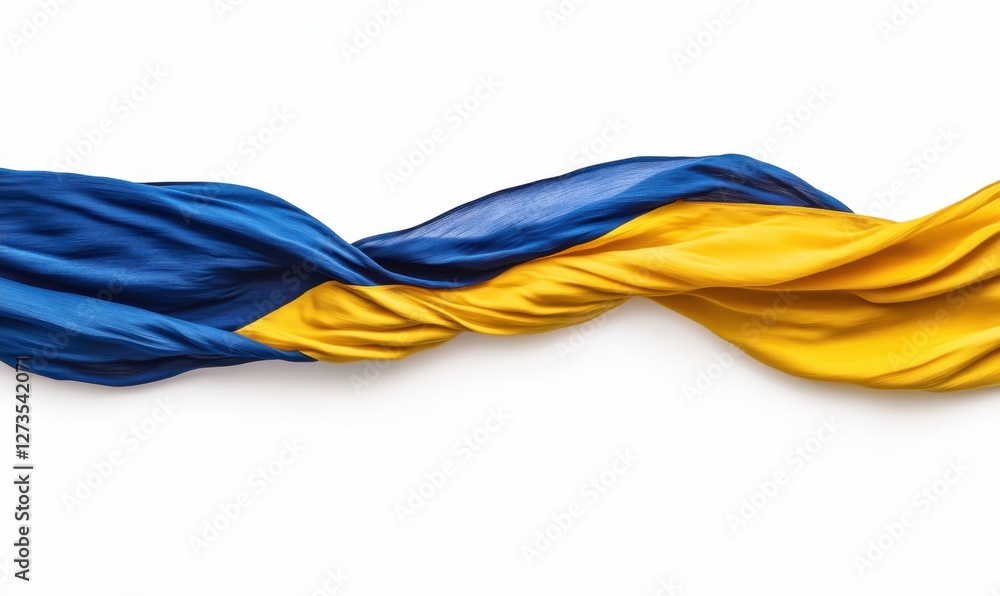 Poster twisted fabric in blue and yellow representing unity, with a smooth texture on a white background