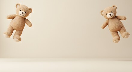 Flying Beige Bears on Beige Background with Copy Space for Children's Birthday Party Invitation
