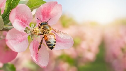 Honey bee pollinating a pink apple blossom flower in springtime
