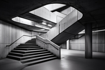 Concrete staircase and tunnel entrance in grayscale.