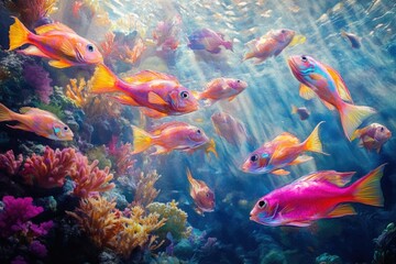 Naklejka premium Vibrant coral reef scene with colorful fish swimming among the corals and rocks.