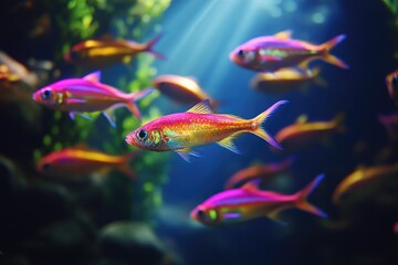 Fototapeta premium Vibrant, colorful schooling fish swim in a dark blue aquarium, illuminated by a light beam.