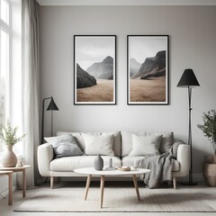 Scandinavian Living Room with Mountain Landscape Prints