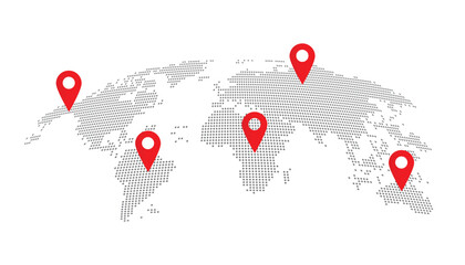 World map featuring location markers. Infographic world map multiple locations. Dotted world map with red color pointers. Red pin marks. Vector illustration. © Sanket