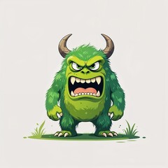 Fototapeta premium Green angry monster cartoon illustration on plain white background