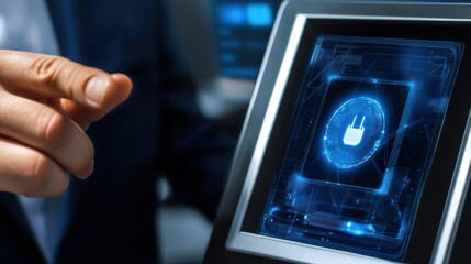 Interactive digital interface displaying cybersecurity insights modern office technology content high-tech environment close-up view data protection concept