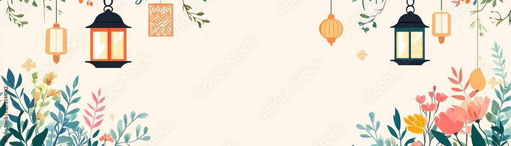 Poster decorative lanterns and floral illustrations frame a creamy background