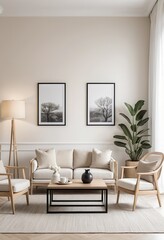 Modern Beige Living Room Interior with Wooden Furniture and Artwork