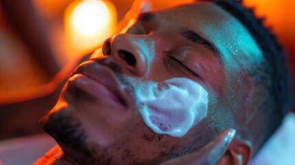 A man enjoys a facial treatment at a spa, his skin covered with a gentle cleansing foam. The warm, ambient light creates a calming atmosphere.