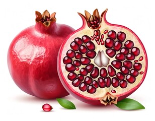 Juicy Pomegranate with Seeds and Leaves