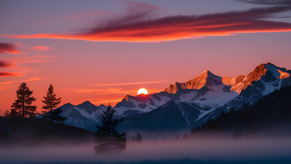 A serene mountain landscape at sunset, where golden light bathes the rugged peaks and valleys, creating a peaceful and majestic view.