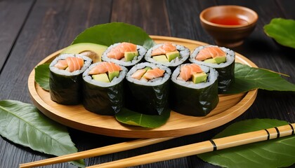 Delicious Salmon Avocado Sushi Rolls on Wooden Plate