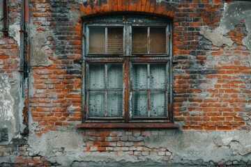 Red brick wall with old wooden window in russian city. Detailed photo textured background