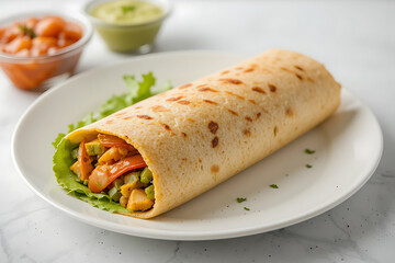 Paneer Tikka Wrap on a Plate on White Background