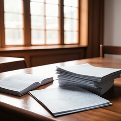 Naklejka premium Stack of Papers and Open Book on Wooden Desk Near Window