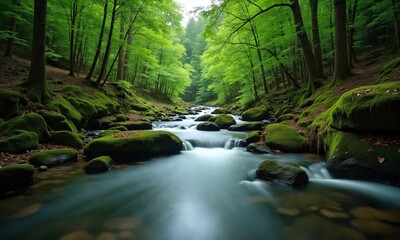 Obraz premium A peaceful river flowing through a dense green forest, surrounded by moss-covered rocks and tall trees, capturing the essence of untouched nature.