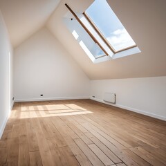 Bright Attic Room with Wooden Floor and Skylights