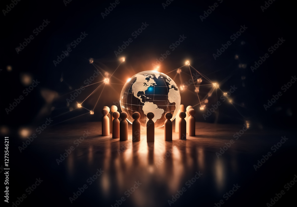 Leinwandbilder Shenzhen, China - Unknown Date : Illuminated globe surrounded by abstract figures connected by glowing lines, representing global network and interconnectedness in a dark setting.