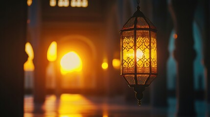 Radiant lantern inside a mosque at sunset, ideal for Ramadan and Eid designs.