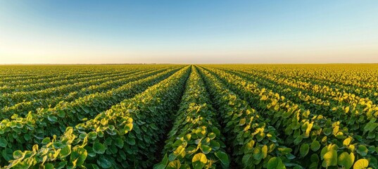 Green soybean field rows stretching to horizon at sunrise, creating stunning rural landscape