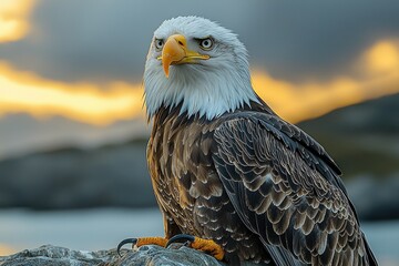 Fototapeta premium Majestic Bald Eagle at Sunset Golden Hour