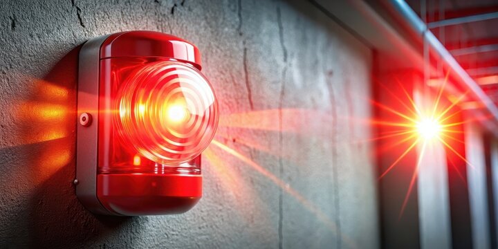 A flash of strobe light illuminates a fire alarm system, highlighting the flashing lights as the alarm sounds in the background, illumination, security