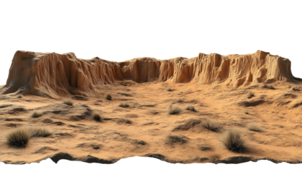 Arid badlands with eroded cliffs and sparse vegetation  isolated on transparent white background