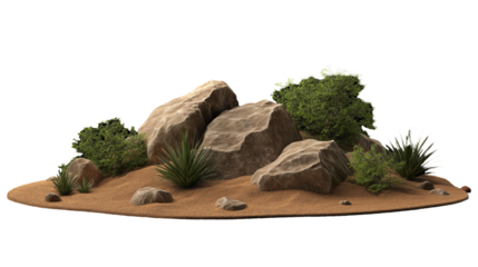 Rocky desert with boulders and small shrubs isolated on transparent white background
