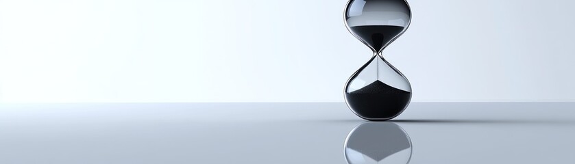 Hourglass with black sand is standing on a glossy surface