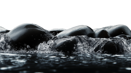 Rapids rushing over smooth river stones isolated on transparent white background