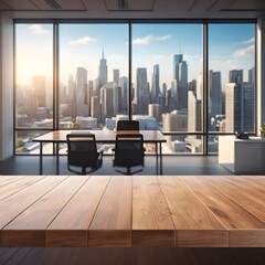 Obraz premium Wooden Tabletop with City View from Modern Office