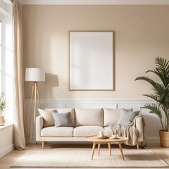 Modern Beige Living Room Interior with Blank Frame Mockup