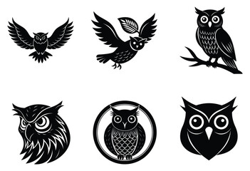 Set of owls Silhouette on white background