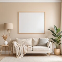 Modern Beige Living Room Interior with Blank Frame Mockup